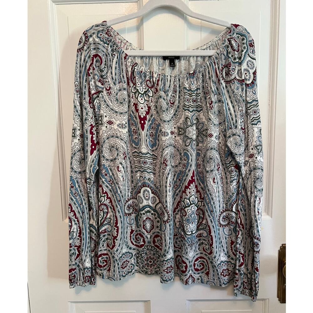 Talbots Scoop Neck Paisley Print Long Sleeve Top White Blue Red Women's M
